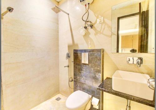 新德里的住宿－Hotel The Glory Near Delhi International Airport，一间带卫生间、水槽和镜子的浴室