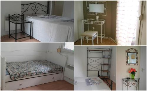 une chambre avec un lit, une table et un miroir dans l'établissement Oasis T3 centre ville jardin privé, à Villeurbanne