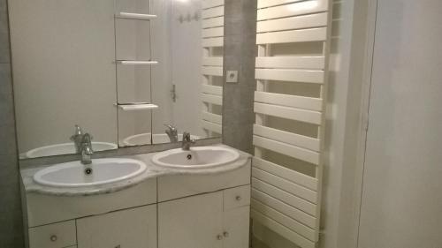 une salle de bain avec deux lavabos et un miroir dans l'établissement Oasis T3 centre ville jardin privé, à Villeurbanne