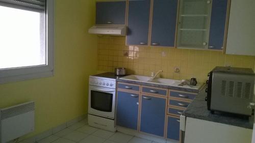 La cuisine est équipée de placards bleus, d'une cuisinière blanche et d'un évier. dans l'établissement Oasis T3 centre ville jardin privé, à Villeurbanne