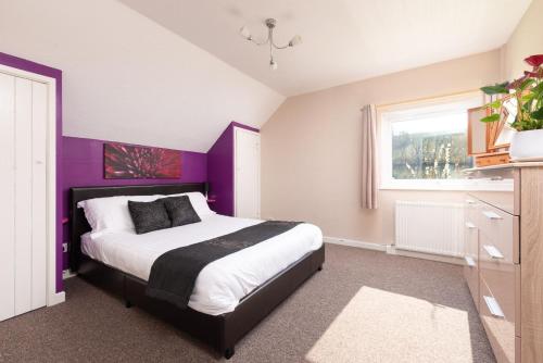 a bedroom with a bed with purple walls and a window at Duror Cottage at Lower Aylescott in West Down