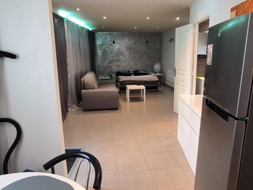 Il comprend une cuisine et un salon avec un réfrigérateur. dans l'établissement Loft Porte de Paris Croix de Chavaux 93100 Montreuil, à Montreuil