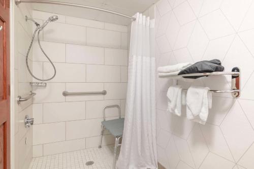 a white shower with a shower curtain in a bathroom at Comfort Inn Airport in South Portland