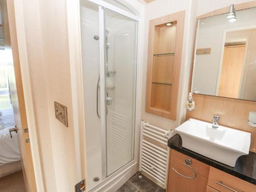 bagno con lavandino e doccia di No 35 Meadows Retreat Lodge Park a Cockermouth