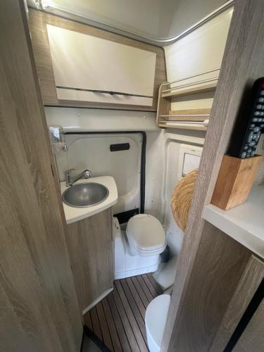 a small bathroom with a sink and a toilet at Campers Reyna in Arrecife