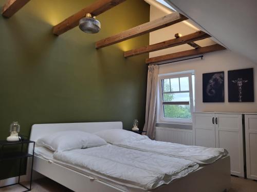 a bedroom with a bed with a green wall at Oma's Huus Ostfriesland 2-6 P in Moormerland