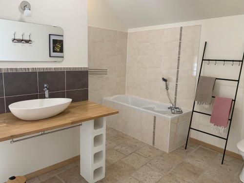 a bathroom with a sink and a bath tub at L'appartement du Pont de Cause in Saint-Cybranet