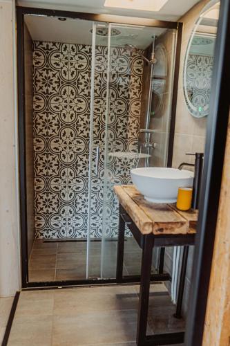a bathroom with a sink and a shower at Tiny Farm House met hot tub. in Menaldum