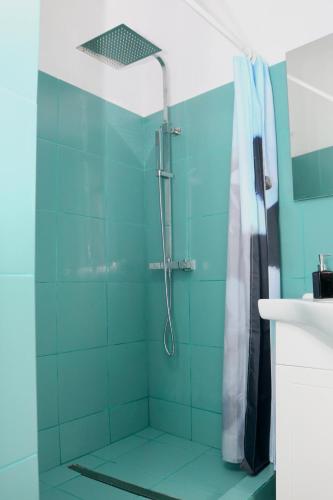 a bathroom with a shower with blue tiles at Herman Apartment Cisnadie in Cisnădie