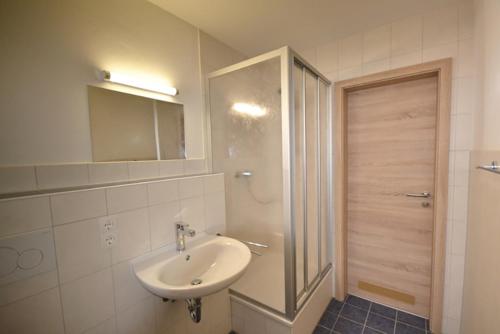 a bathroom with a sink and a mirror and a shower at Holzhammer Hof in Bayerbach