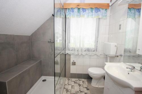 a bathroom with a toilet and a sink and a shower at Green Oasis in Mozirje