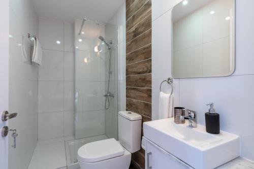 a bathroom with a toilet and a shower and a sink at Livia Studio Apartment in Larnaca in Larnaca