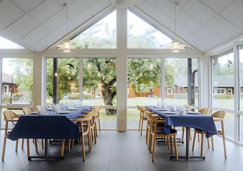 une salle à manger avec des tables et des chaises bleues ainsi que des fenêtres dans l'établissement Valla Folkhögskola, à Linköping