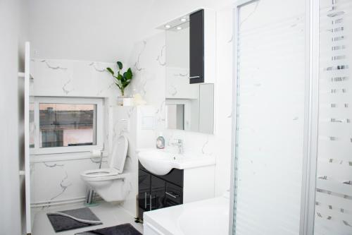 bagno bianco con servizi igienici e lavandino di Leister Apartment Cisnadie a Cisnădie