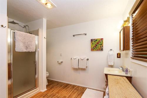 La salle de bains est pourvue d'une douche et d'un lavabo. dans l'établissement Sq Sequim Riverside, à Sequim