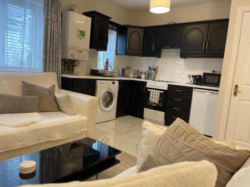 ein Wohnzimmer mit einem Sofa und einer Küche in der Unterkunft Letterkenny Three Bedroom Town Centre Apartment in Letterkenny