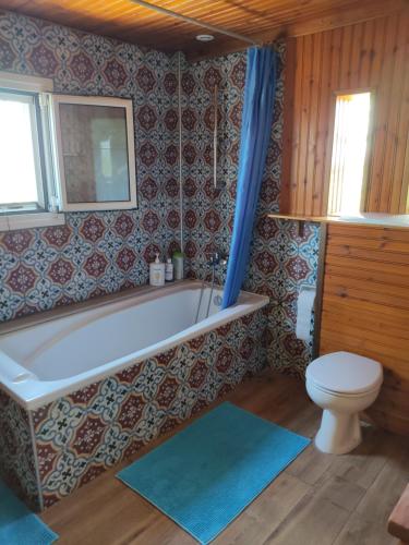 a bathroom with a bath tub and a toilet at Villa Caretta - direkt an einem einsamen Strand im Süden des Peloponnes in Áyioi Taxiárkhai