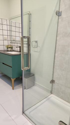 bagno con doccia in vetro e lavandino di Chez Gabrielle a Lusaka