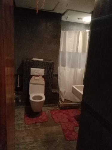 een badkamer met een toilet, een wastafel en een bad bij appartement haut standing à gueliz in Marrakesh