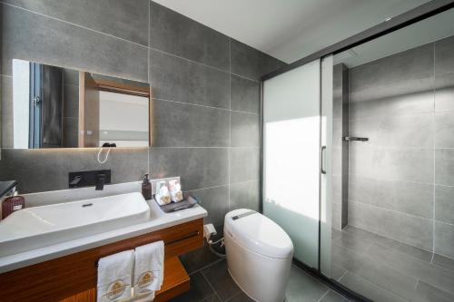 a bathroom with a sink and a toilet and a mirror at Phoenix Best River View B&B in Fenghuang