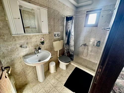 W łazience znajduje się umywalka, toaleta i prysznic. w obiekcie Sunny Villa w mieście Áyios Vasílios