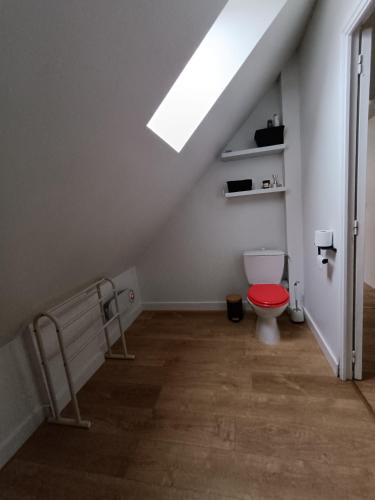 a bathroom with a toilet and a skylight at Gîte chez Julie et Franck in Cappy