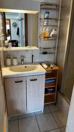 une salle de bain avec un lavabo et un miroir dans l'établissement Maison Vias plage, plage à 500 m, à Vias