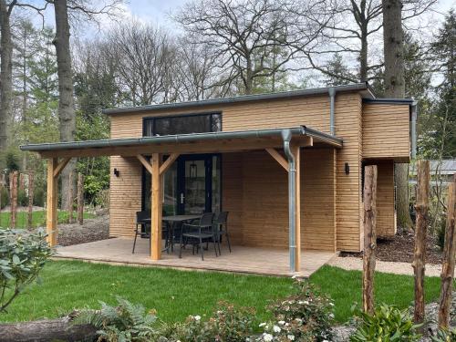 a tiny house with a deck in the woods at EuroParcs De Utrechtse Heuvelrug in Maarn