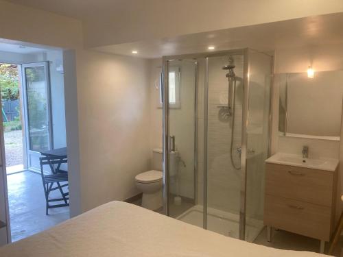 La salle de bains est pourvue d'une douche, de toilettes et d'un lavabo. dans l'établissement "Chambre" Chez Zabou, à Carpentras
