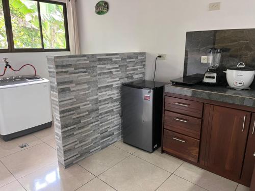 a kitchen with a refrigerator and a counter top at Mevak Apartments Suites in Fortuna