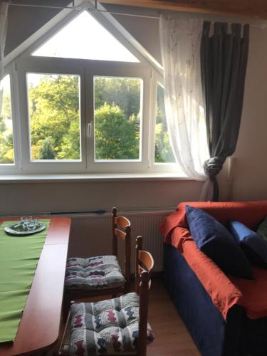 Dormitorio con ventana, cama y mesa en Forest Paradise en Stružná