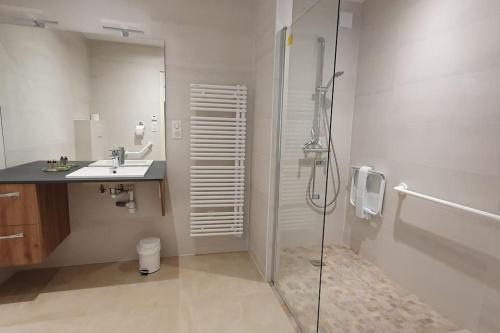 une salle de bain avec douche et lavabo dans l'établissement La Petite Germaine, à Fontaine-sur-Ay