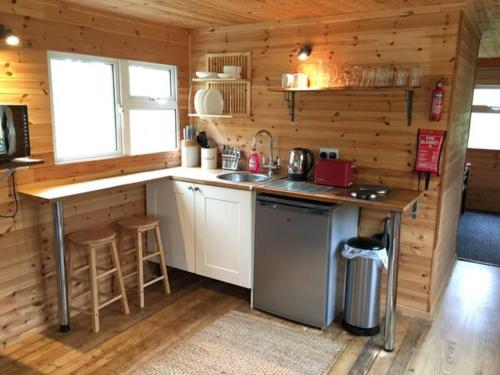 a kitchen with a counter and a sink in a cabin at Riverwood Lodges in Lechlade