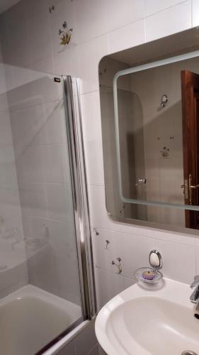 a bathroom with a shower and a sink and a mirror at Casa rural Puente Mocho in Ledesma
