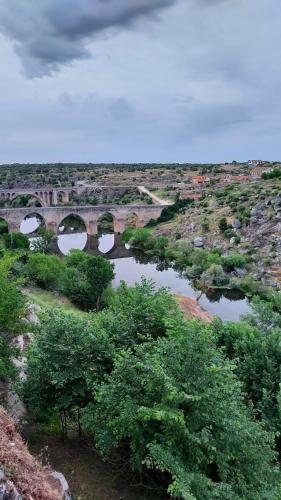 a bridge over a river in a field with trees at Casa rural Puente Mocho in Ledesma