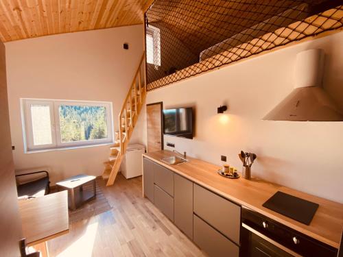 a kitchen with a counter top and a window at NORDIC Apartamente Păltiniș in Păltiniş