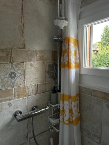 a shower curtain in a bathroom with a window at Jolie chambre dans chalet in Le Vaud