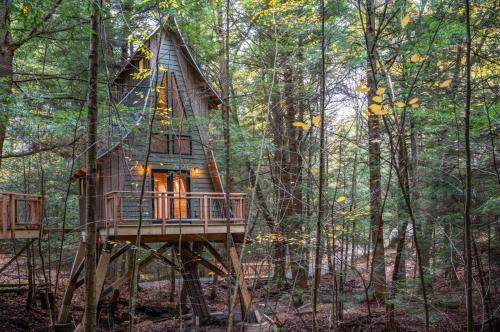 a tree house in the middle of the woods at Peaceful Pines Treehouse in Lucinda