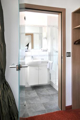 a bathroom with a sink and a large mirror at Landgasthof Rebstock Weil am Rhein / Basel in Weil am Rhein
