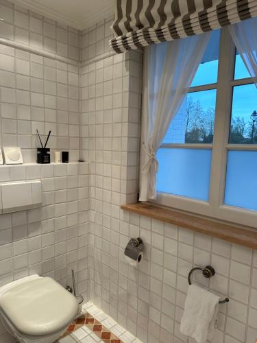 a bathroom with a toilet and a window at Haus Valentina in Archsum