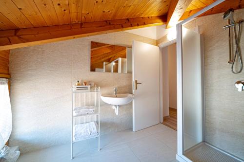 a bathroom with a sink and a shower at LE MUSE Comano Terme Holiday 2, primo piano in Comano Terme
