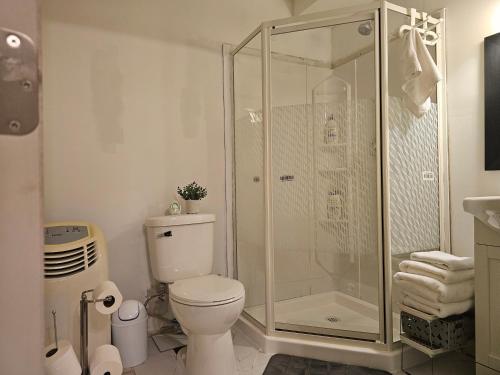 a bathroom with a toilet and a glass shower at Quad-Ks Cozy & Private Guest Suite in Halifax