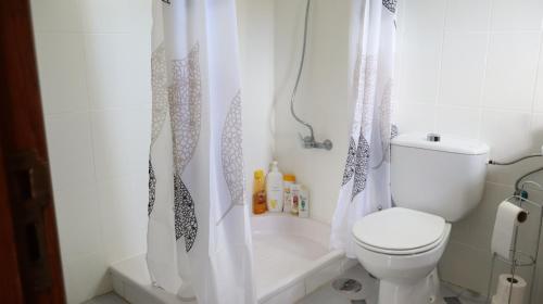 a white bathroom with a toilet and a shower at Casa rural Finca Don Amado, San Mateo in Las Palmas de Gran Canaria