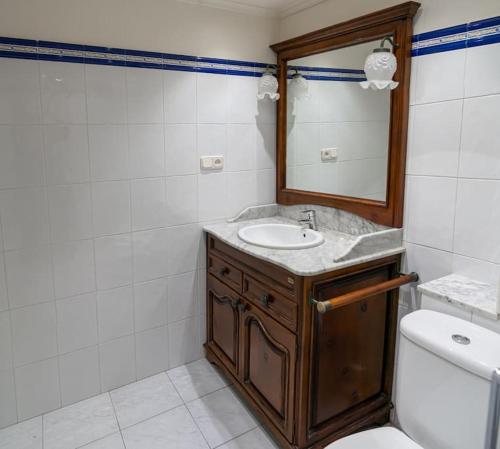 uma casa de banho com um lavatório, um WC e um espelho. em Casa Grande en Casco Histórico em Santander