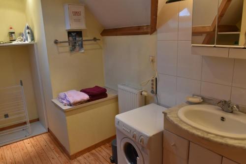 een badkamer met een wasmachine en een wastafel bij A little paradise Wallonie in Limelette
