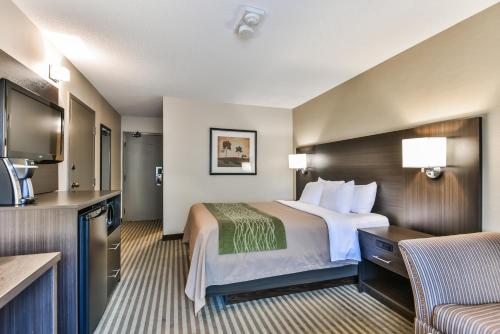 a hotel room with a bed and a kitchen at Comfort Inn Chatham in Chatham