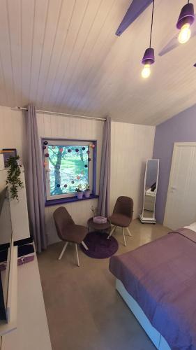 sypialnia z łóżkiem, krzesłami i telewizorem w obiekcie Violetinis namelis/ Sodyba Geras w mieście Onikszty