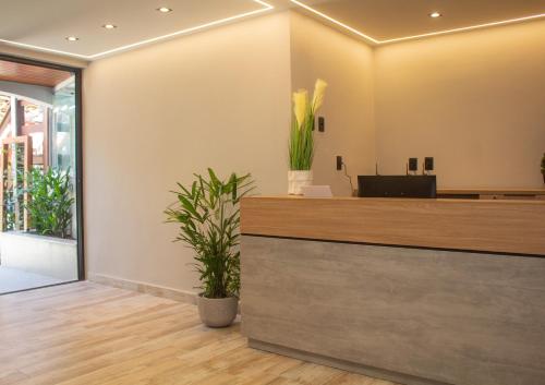 an office lobby with a reception counter and plants at Hotel Caitá in Morro de São Paulo
