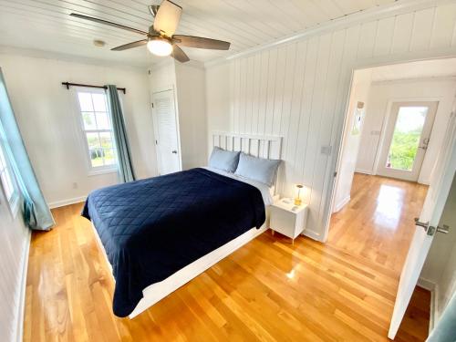 a bedroom with a bed and a ceiling fan at Eleuthera Retreat - Private Villa & Cottages on pink sand beachfront in North Palmetto Point