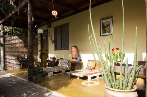 a living room with couches and plants in it at Pousada Luz do Sol in Sao Jorge